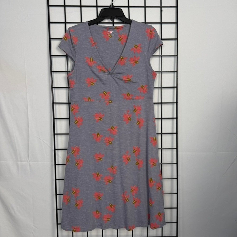 Horny Toad Rosemarie Dress Womens Large Grey Floral V-Neck Cap Sleeve A-Line